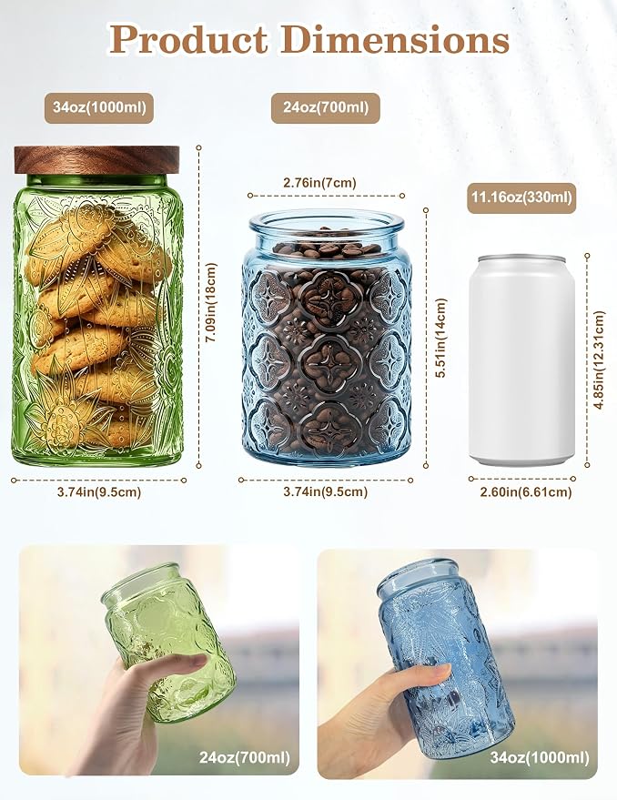 Glass Jar with Airtight Wood Lid – 34 OZ Kitchen Bathroom Pantry Canister, Decorative Vintage Storage Container for Candy, Coffee, Cookie, Cereal, Sugar, Tea, Pet Treat, Bath Salt, Blue Sunflower