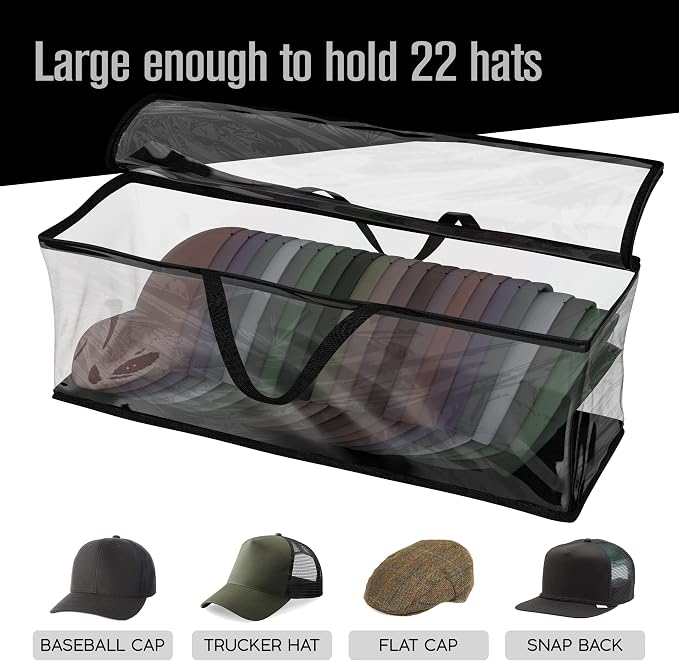 Baseball Cap Storage Bag, Hat Organizer Case, Black Handles, 23" x 6" x 8" | Houseables Cap Holder, Clear Plastic Tote, Moisture & Dust Proof, w/Zipper Closure, Holds up to 22 Hats, Dirt Protection