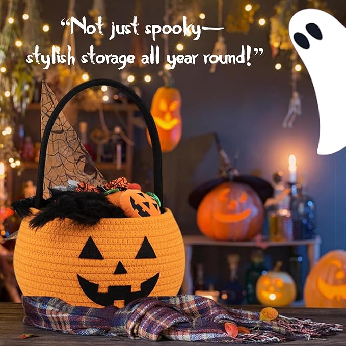 Pumpkin Storage Basket | Woven Cotton Rope Bin | Cute Halloween Candy Bowl, Trick or Treat Bag, Boo Gift, Stuffer Filler | Multipurpose Home Organizer & Gift Basket with Handles | Decorative Container