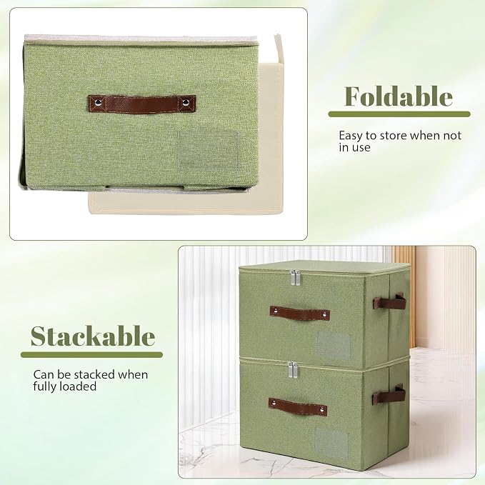 ANMINY Storage Box Fabric Bins with Zipper Lid, 17.7"x13.8"x10" Green, 3PCS | Keepsake Box, Decorative, Cotton Linen, Reinforced PP Board Frame, Washable, Stackable & Foldable, Label Holder & PU Handles