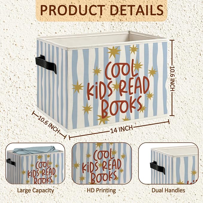 Cool Kids Read Book Classroom Foldable Storage Bins Box with Handles, Reading Corner Nook Decorative Storage Boxes Baskets Toybox Organizer for Library Reading Room Classroom Kids Bedroom
