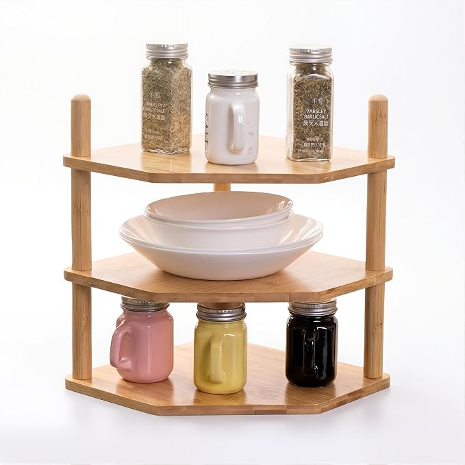 3-Tier Bamboo Corner Shelf, Kitchen Countertop Storage Organizer, Cabinet Plate Rack for Pantry Organization, Bathroom, Desktop, 9.4 x 9.4 x 11.4 Inch