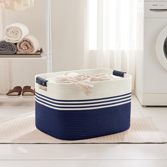 86L Large Woven Laundry Basket Hamper with Leather Handles,Navy | collapsible wicker hamper, storage for dirty clothes, toys, blankets, gifts, living room, bedroom, bathroom, 24"x16"x14"