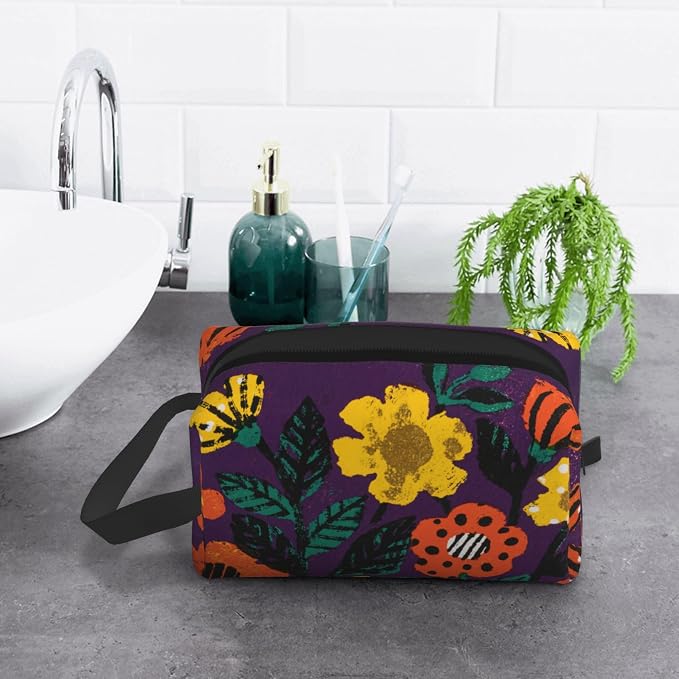 Purple Whimsical Florals Makeup Bag - Durable 600D Oxford Fabric Travel Cosmetic Bag, Shockproof Foam Padded Toiletry Organizer for Gym & Daily Use 10x6.2x4.9 Inch