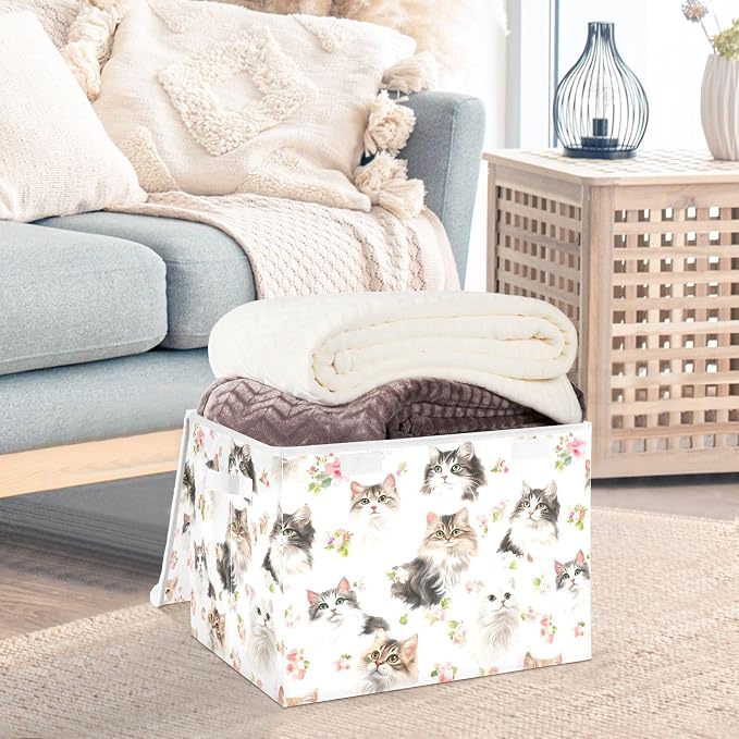 Cartoon American Curl Cats White Storage Containers Storage Organizer Bins With Lid for Sheet Kids Room