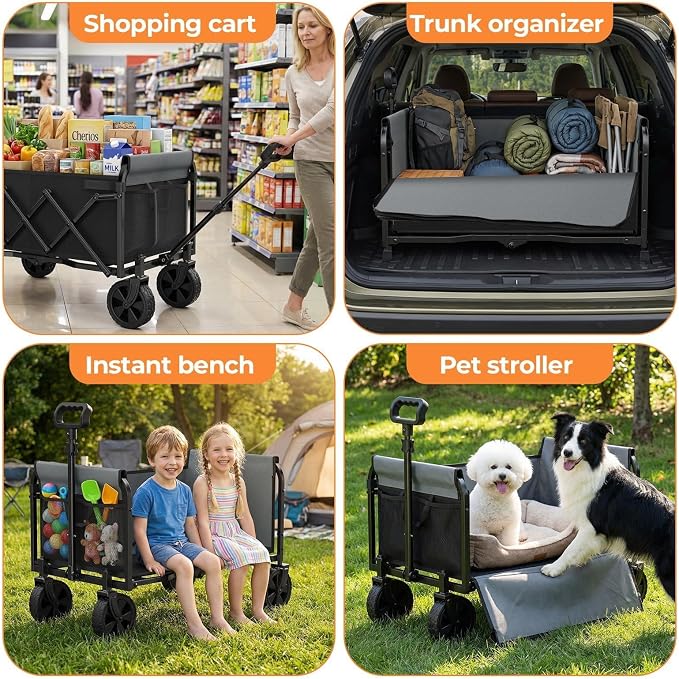 3-in-1 Portable Collapsible Wagon Cart with Removable Side | Utility Groceries Wagon, Foldable Cart for Dogs Pets Shopping Camping Beach Sports Gardeing Fishing, Black