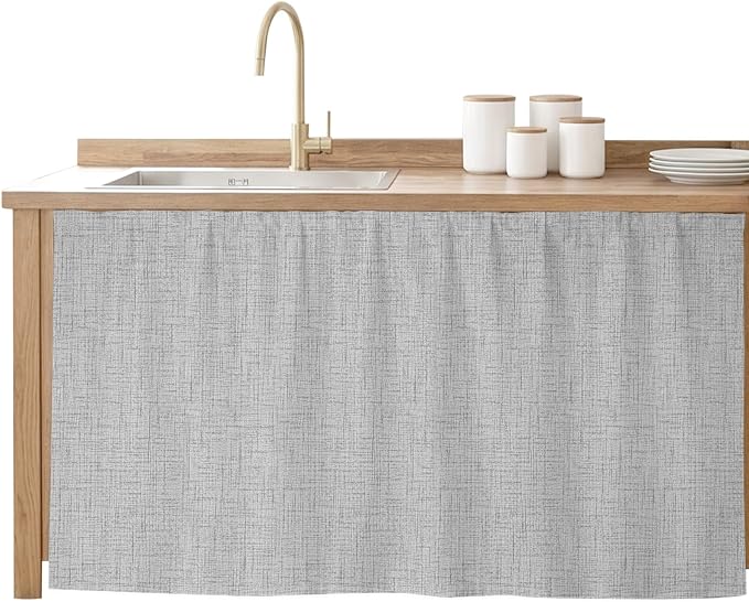 Cabinet Curtains 28x51inch Sink Skirt, Modern Minimalist Gray Desk Skirt for Kitchen Bathroom Shelves, Country Linen Style Privacy Cabinet Curtain Self Stick Adhesive Under Sink Skirts