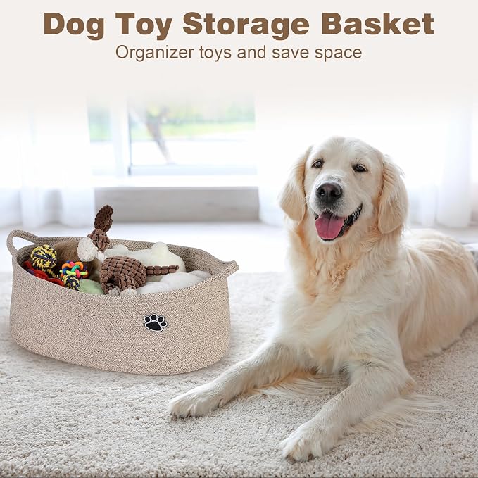 Optish Dog Toy Basket, 30L Toy Box and Bin for Dog Cat Storage, 19.7" X 11" X 7.9" Large Woven Rope Basket for Blankets, Living Room, Bedroom, Brown