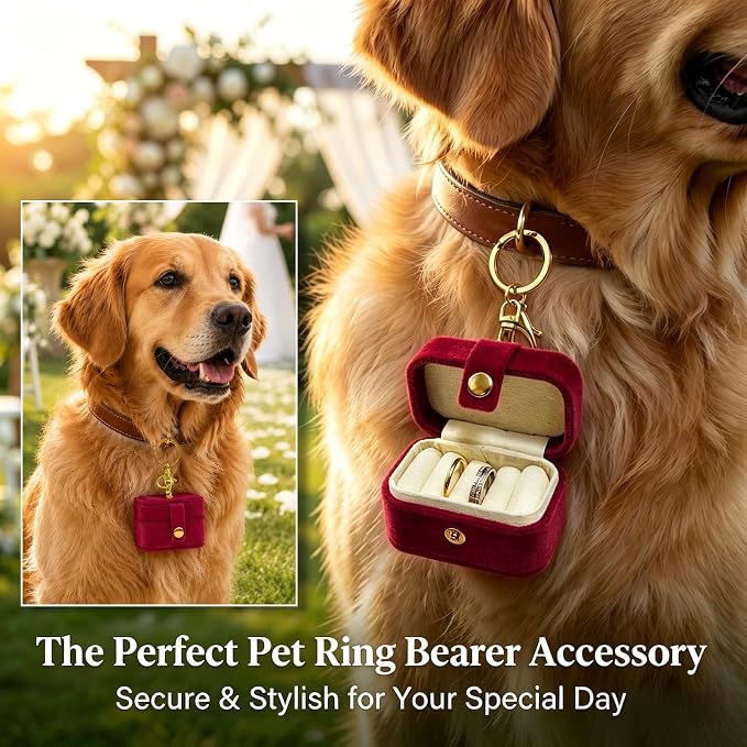 Ring Bearer Pillow Box for Dog Collar, Velvet Wedding Mini Ring Holder Pouch for Pet, Travel Ring Earrings Storage Box for Proposal Engagement Wedding Ceremony Party (Red)
