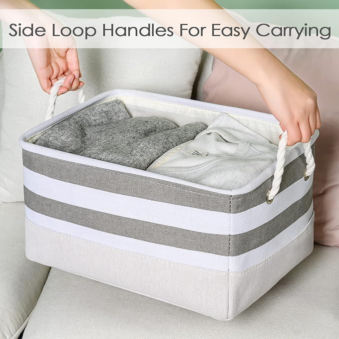 Storage Basket Fabric Basket with Handles Dog Toy Basket Cloth Storage Bin Shelf Basket Decorative Storage Basket Shoe Basket Gift Basket(Grey&White Stripes-1 Pack,15.7L×11.8W×8.3H)