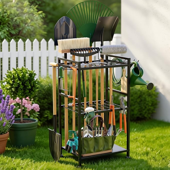 SPACECARE Garden Tool Organizer with Feet Up to 35 Long-Handled Tools Black | Yard Tower Rack for Garage Organization and Storage, Heavy Duty Steel Garden Tool Stand for Shed, Outdoor (Rakes/Brooms)