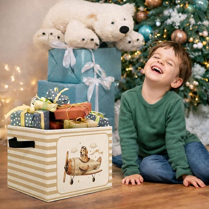 Golden Retriever Airplane Storage Bin, Foldable Organizer Basket | Golden retriever airplane storage bin with vintage plane artwork, striped border, foldable fabric and handles.