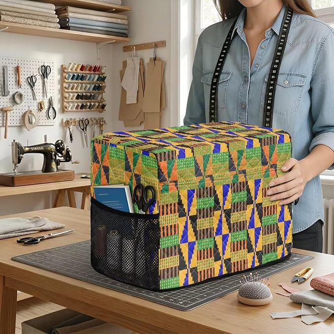 Sewing Machine Cover Polyester Febric African Kente Triangle Print | Dust Pet Hair Protection,Quilting Design,Fits Standard Singer,Brother Janome Machines,Protecting Decorating Your Sewing Space