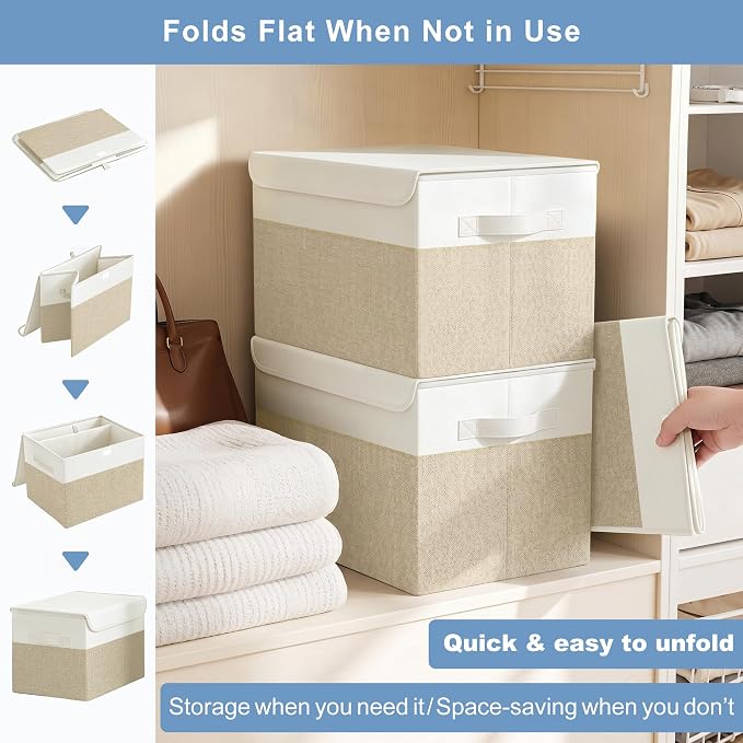 Large 17" 42 Quarts Collapsible Stackable Storage Bins with Lids [3-Pack] Foldable Fabric Linen Storage Boxes Cube, Closet Organizer Baskets with Label (16.7 x 12 x 12, Beige & White)