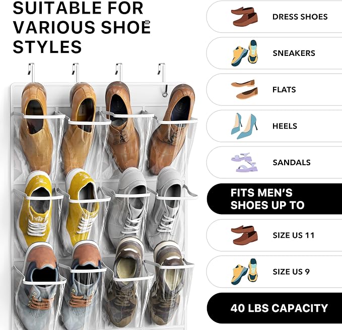 Simple Houseware 24 Pockets Large Clear Over the Door Shoe Organizer, White | 56" x 22.5", 4 Durable Metal Hooks, 5" x 9" Pocket Size, Multipurpose