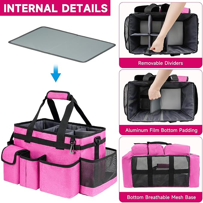 Cleaning Caddy Bag,Large Cleaning Supplies Organizer with Handle for Housekeepers,Rose Red
