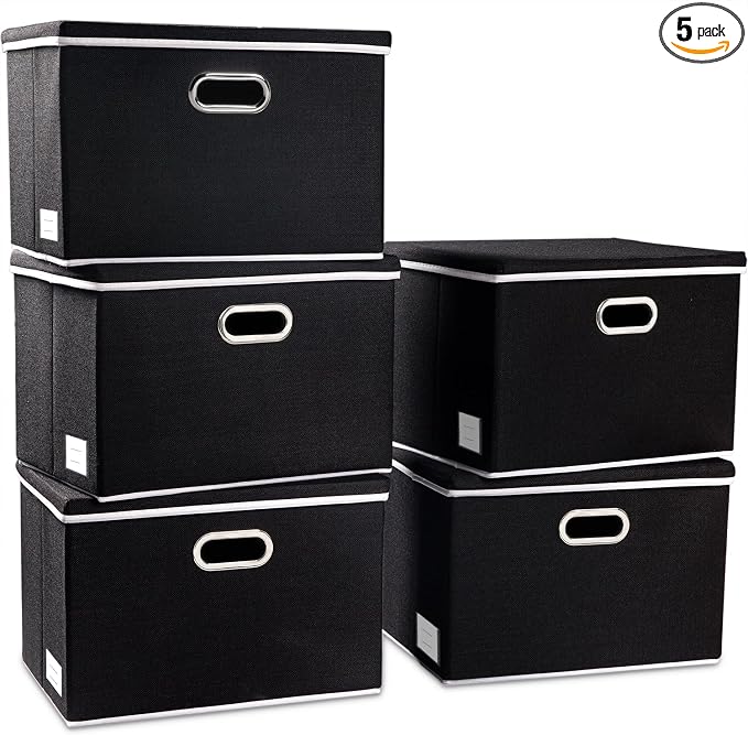 Large Foldable Storage Boxes with Lids [5-Pack] Organizer Containers Baskets Cube with Cover for Home Bedroom Closet Office Black17.7x11.8x11.8 For 6+ Year Old Boys and Girls