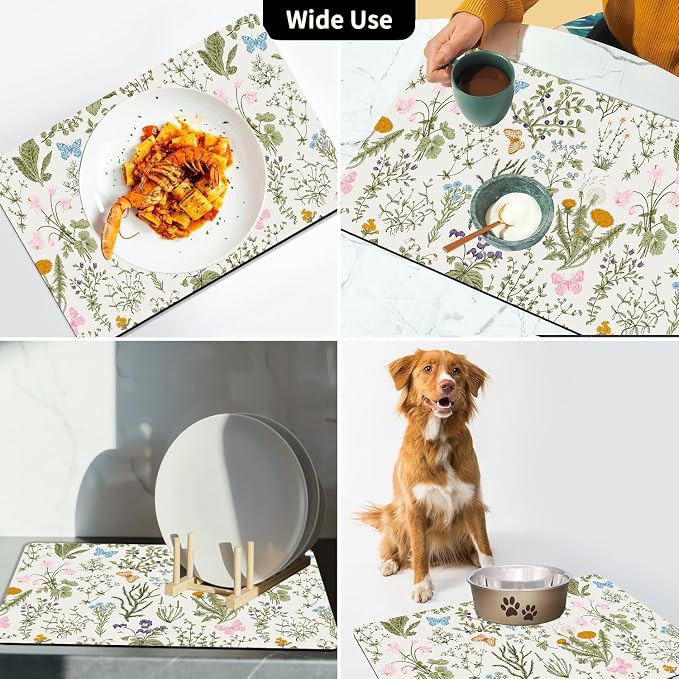 Dish Drying Mat For Kitchen Counter, 12"X20" Absorbent Coffee Bar Mat With Watercolor Painting Of Plants And Flowers Dish Drainer Rack Mat For Kitchen Counter (flower, 12"X20")