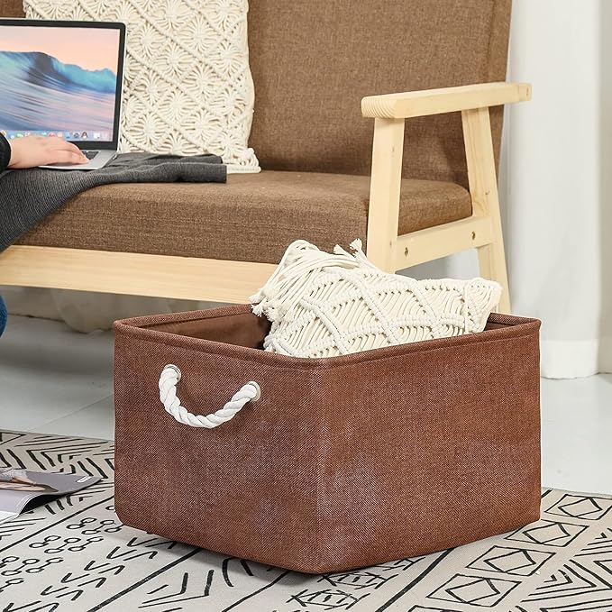 Organization and Storage Basket for Organizing - 17x14x10 inch 3 Pack Fabric Storage Cubes, Collapsible Storage Bins for Shelves Closet Organizer Toy Gift Cloth (Brown)