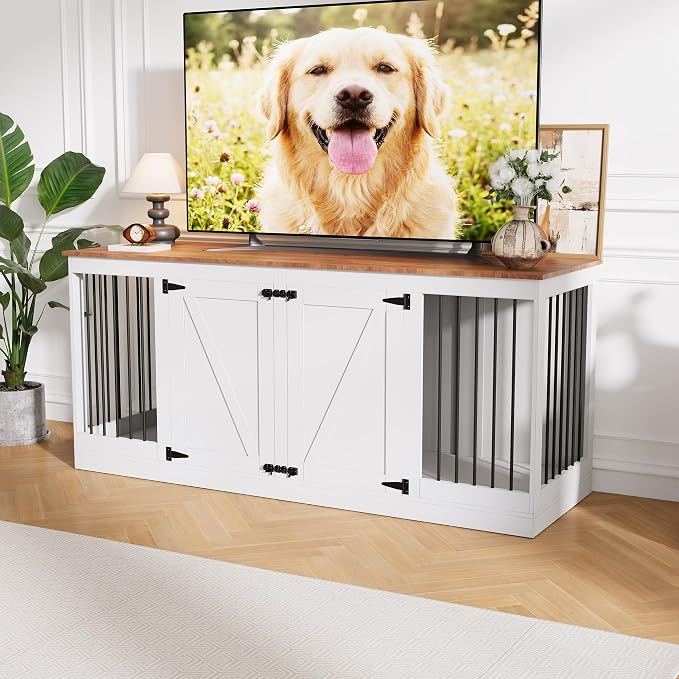 70.8" Large Dog Crate Furniture for 2 Dogs, Farmhouse Dog Crate TV Stand with Removable Divider, Heavy Duty Wooden Dog Kennel with Reinforced Steel Bars & 2 Lockable Doors
