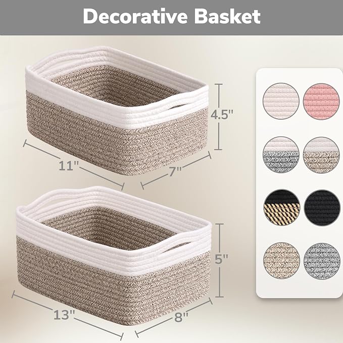Goodpick 3-Pack Cotton Rope Baskets for Shelves, 11 x 7 x 4.5 in | Woven Baskets for Closet Fit Bedroom Lving Room, Small Baskets for Gift Empty, Dog Toy Basket for Pet, White & Brown