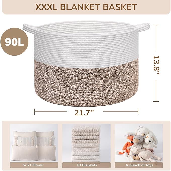 INDRESSME XXXLarge Woven Rope Blanket Basket Living Room Brown, 90L | 21.7" x 13.8" Storage baskets for toys laundry & pillows. Fits living room, bedroom or nursery décor. Soft-touch with handles