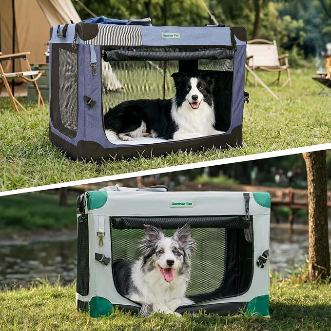 Gardner Pet Soft Collapsible Dog Crate - 36 Inch Portable Travel Dog Crate for Medium/Large Dogs Indoor & Outdoor, 3-Door Pet Crate with Durable Mesh Windows & Storage Bag, Grey