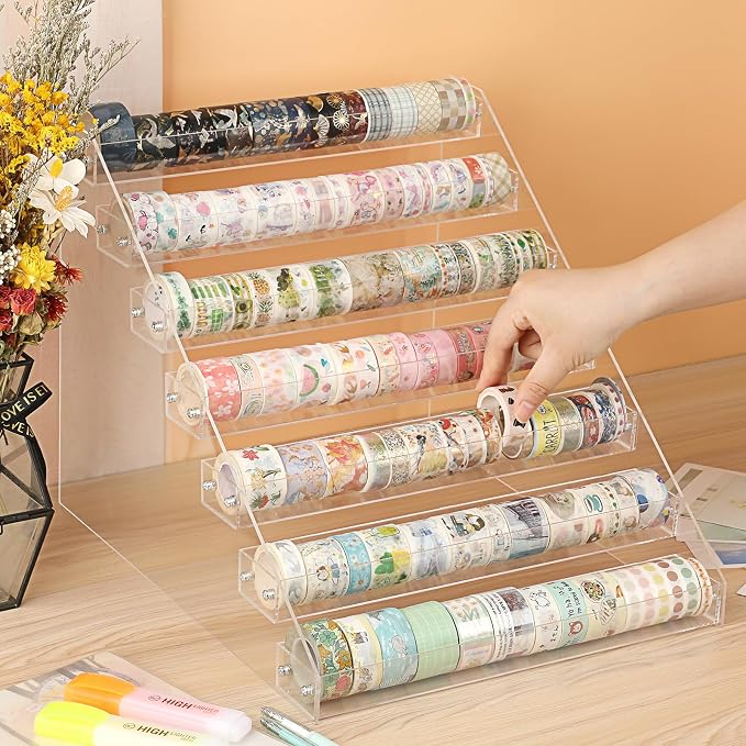 BTSKY 7 Tier Washi Tape Organizer - Clear Plastic Washi Tape Storage Rack, Assembly Washi Tape Storage Holder Washi Tape Dispenser Desk Accessories Display Caddy for Scrapbooking Art Craft Supplies