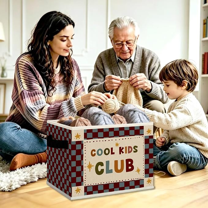Kids Nursery Playroom Cube Storage Bins with Handles, Cool Kids Club Checkered Collapsible Fabric Storage Basket Boxes Books Clothes Organizer for Girls Boys Room Bedroom Bathroom