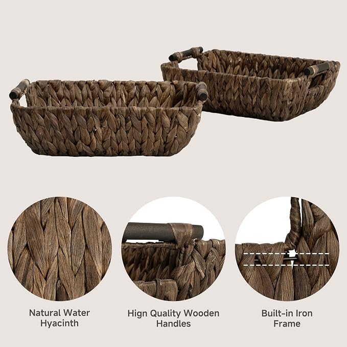 StorageWorks Wicker Storage Basket, Organizing Baskets for Shelf, Brown | Wicker Storage Baskets for Shelves, Baskets with Wooden Handles, 2-Pack Gifts Basket for Home Decor, Hand-Woven Basket