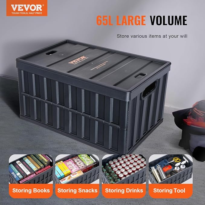 VEVOR 65L Collapsible Storage Bins with Lids 3 Packs, Stackable Crates | For Organizing Tools, Books, Food, Drinks, Camping&Transport, Large Heavy Duty Folding Containers with Handles, PP Material