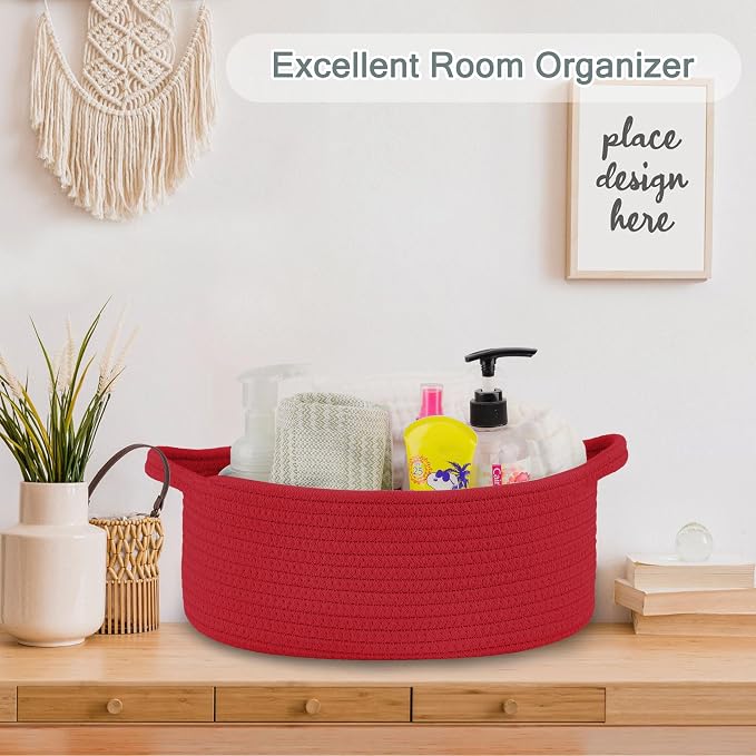 COMSE Empty Small Gift Basket with Bag & Ribbons, Red | Cotton Rope, 12"x 8"x 5", Baby Toy Organizer, Stores Small Items for Bedrooms, Nurseries, Bathrooms, Living Rooms, Offices