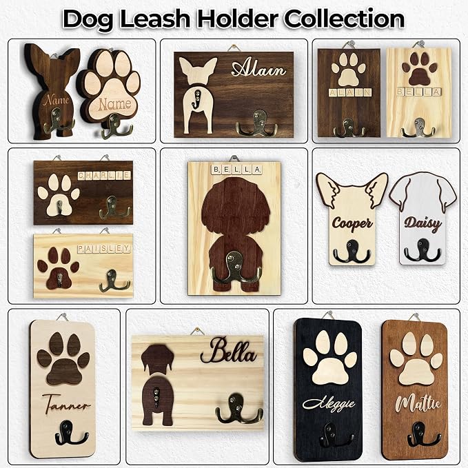 Shih Tzu Dog Leash Holder Wall Mount with Scrabble Letters, Wooden Dog Wall Hook Organizer, Pet Collar and Harness Holder Entryway, Key Hook & Leash Rack, Home Decor for Pet Lovers PF297-66