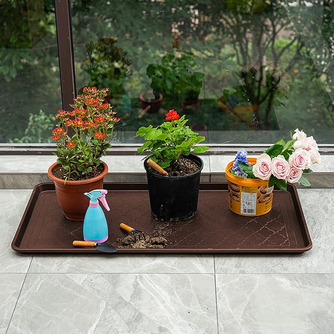 All Weather Boot Tray Extra Large 40"x20" - Brown Plastic Shoe Mat | Multi-purpose mudroom entryway tray with 1.25" raised edges - fits shoes, pet bowls & plants - 100% recycled polypropylene