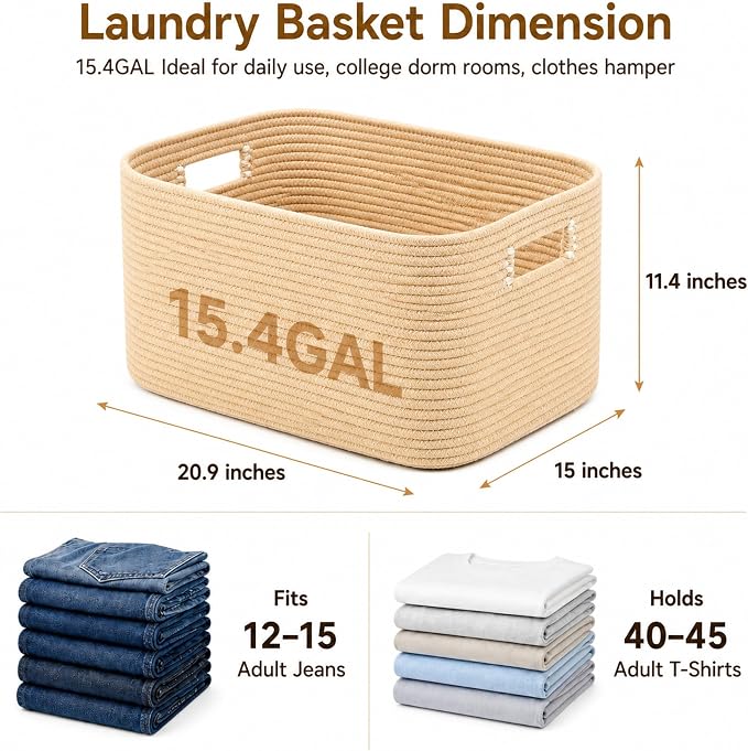 15.4GAL Woven Laundry Basket for Kids, Cute Boho Square storage basket for Living Room Decor, Baby Girls Boys Toys Stuffed Animal Decorative Short Hamper for Dirty Clothes, Bath Towel Oatmeal