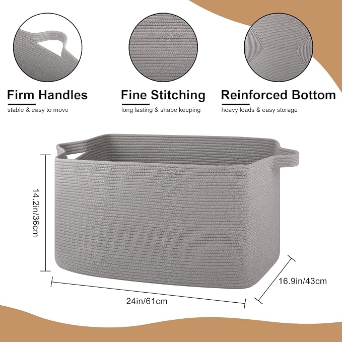 OIASKET Extra Large Blanket Basket, 24" x 16.9" x 14.2" Woven Basket | Woven Storage Basket for Living Room, Rectangle Nursery Blanket Storage for Toys, Towels, Dirty Clothes