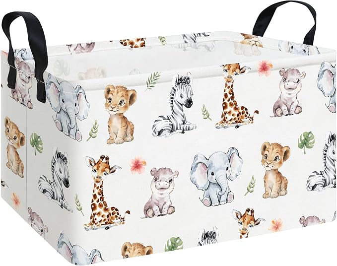 Rectangular Safari Animal Storage Bin, Fabric Closet Organizer Basket | Reinforced side grips, foldable container arranges wardrobe and bedroom daily belongings