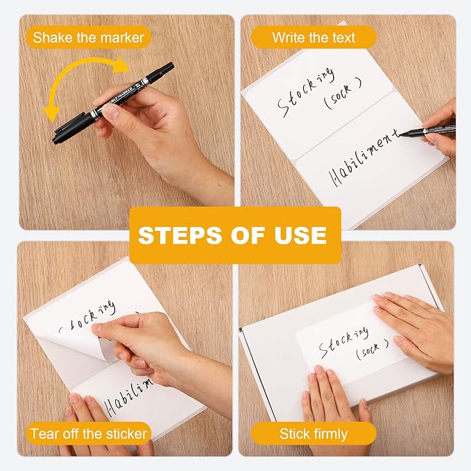 100 Pcs Storage Bin Labels, 6 x 4 Inch Blank Stickers with Marker | Tear-Resistant Paper, Removable Adhesive, Writes Easily, No Residue on Smooth Surfaces, Home Office Moving Use