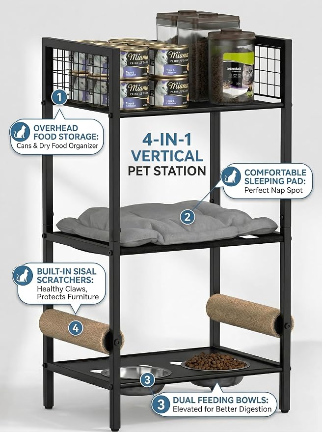Cat Feeding Station Furniture with Scratching Post, 3-Tier Cat Food Organizer & Storage, Raised Feeding Stand with 2 Stainless Steel Bowls, Space-Saving Cat Shelf for Small Spaces, Black