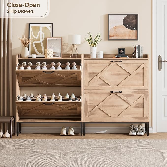 Shoe Storage Cabinet with 2 Flip Drawers, Entryway Organizer, Oak | Slim Shoe Cabinet with Metal Legs, Narrow Farmhouse Shoe Organizer for Entryway, Foyer, Hallway, Wood Shoe Rack with Hook