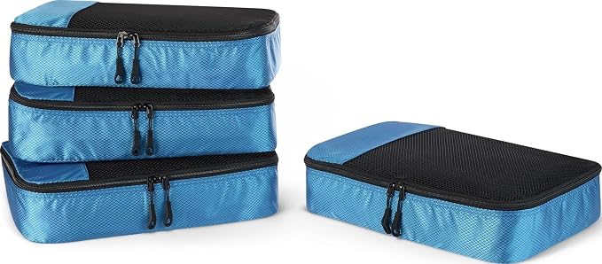 Amazon Essentials 4-Piece Packing Cubes Travel Accessories Set, Luggage Organizer with Double Zipper, Mesh Top, Space-Saving, Medium, Sky Blue (Previously Amazon Basics)