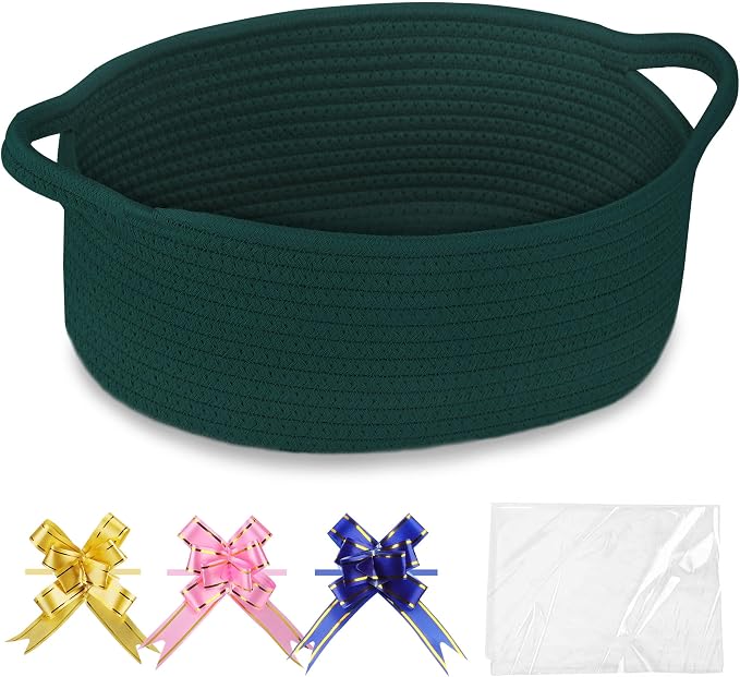 COMSE Empty Small Gift Basket with Bag & Ribbons, Dark Green | Cotton Rope, 12"x 8"x 5", Baby Toy Organizer, Stores Small Items for Bedrooms, Nurseries, Bathrooms, Living Rooms, Offices