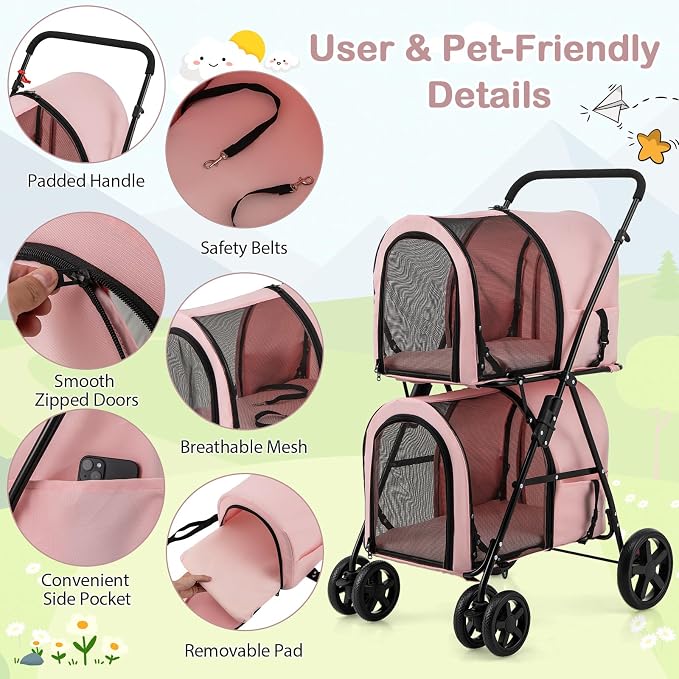 Giantex Double Pet Stroller with 2 Detachable Carrier Bags, Safety Belt, 4 Lockable Wheels, Folding Cat & Dog Stroller for Small Medium Pets, Cats Dogs Puppy Travel Strolling Cart (Pink)