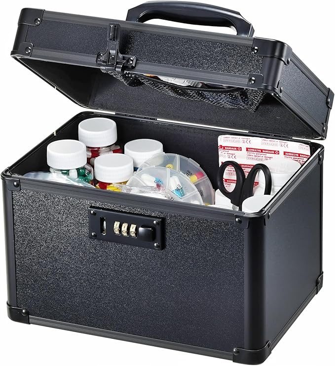 Lockable Security Storage Box - Shiny Black Safe Combination Lock Box, Cabinet Med Organizer, 10 x 7 x 7.9 Inches Safe Case for Documents, Valuables, Medicine & Money
