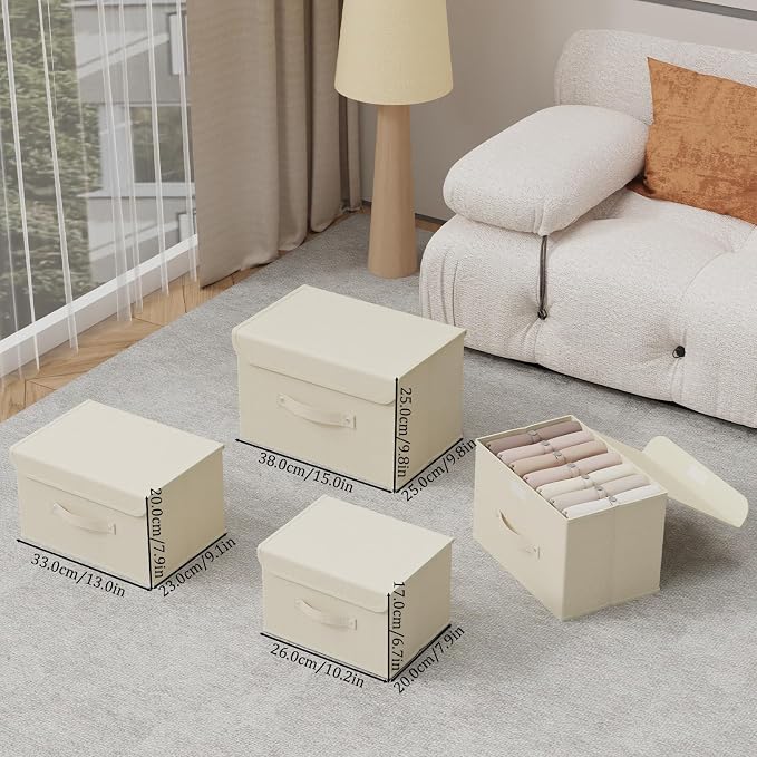 Cloth Storage Baskets with Handles,Beige 10.2x7.9x6.7in,5 Pack | Storage Boxes with Flip-Top Lids,Washable PP Panel Cube Drawer Organizers,Collapsible Underwear Divider Bins for Home