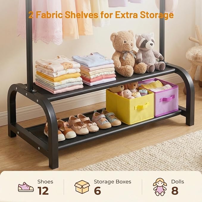 Kids Clothes Rack for Ages 3-6, Montessori Kids Clothing Rack, Black | Kids Dress up Rack with 2 Fabric Storage Shelves & Hooks, Toddler Dress Up Rack for Costumes, Princess Dresses and Shoes