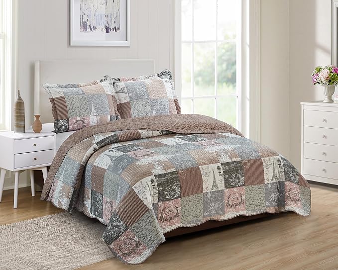 Brilliant Sunshine Latte Grey Paris & Toile Ruffle Pillowshams Set, 18"x18" | Patchwork Design with Ruffles, Quilted Pillow Covers, Washable Throw Cushion Cases for Couchs and Beds, Pack of 2