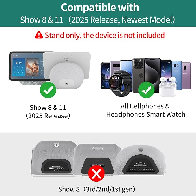 HomeMount Show 11 Stand, Magnetic Adjustable Charging Stand with USB-C & USB-A Ports, 270° Swivel Base, Fits Show 11 and 2025 Show 8, for Phones & Earbuds (Charging-White)