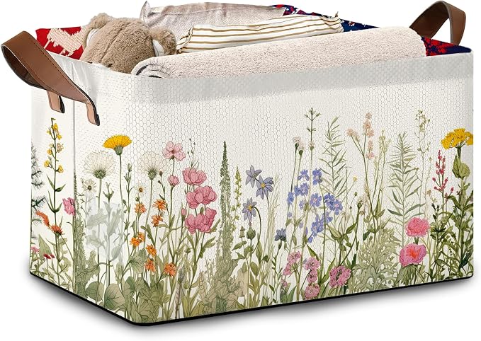 Floral Meadow Storage Basket Large 17x11.5x10.5 Inche-Collapsible Fabric Organizer Bin with Handles for Garden Party, Boho Decor, Living Room-Decorative Hamper with Field Flower Pattern-Single Pack