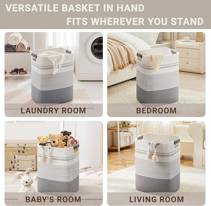 75L Tall Woven Laundry Basket Hamper with Leather Handles,Grey | collapsible wicker hamper, storage for dirty clothes, toys, blankets, gifts, living room, bedroom, bathroom, 16"x13"x22"